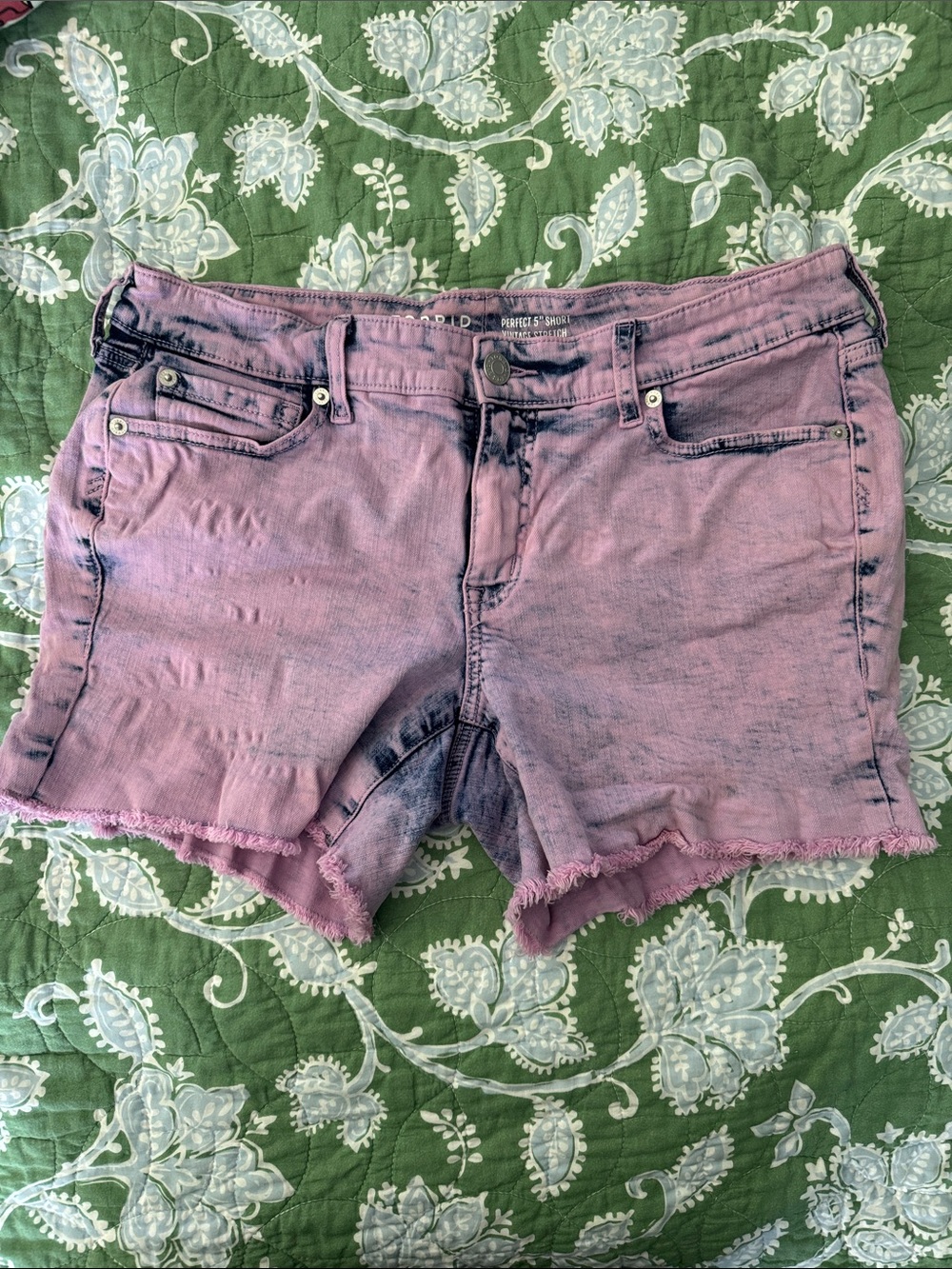 Purple Denim Cutoff Shorts with Frayed Hem